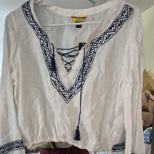 Prince & Fox White Crop Top with Navy Embroidery